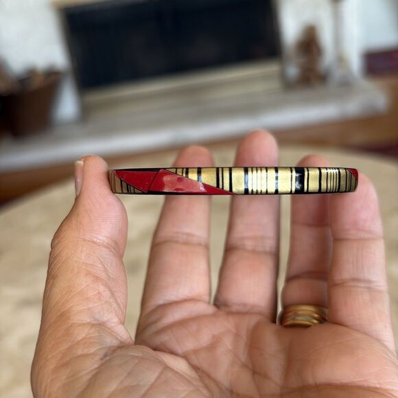 Vintage Steinbock Austria Red Black Enamel 24KT Gold Inlay Bangle Bracelet - Picture 2 of 11